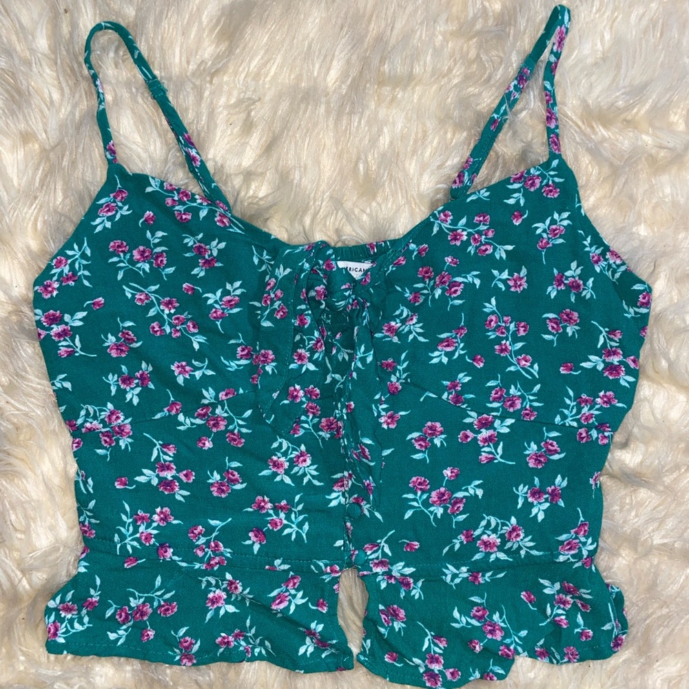 American Eagle Green & Pink Floral Cropped Tank Top